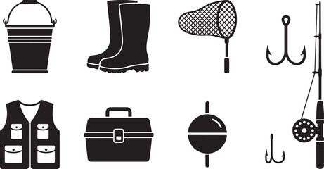 Fishing equipment and gear vector icons set with fishing rod, boots, bucket, vest, net, tackle box and hook isolated on white background © Open Expression