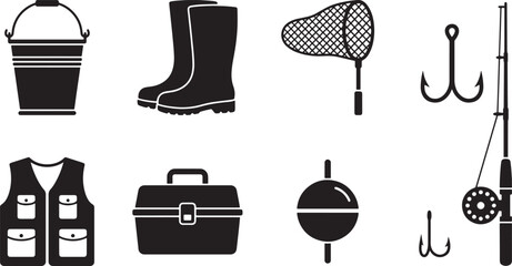 Fishing equipment and tackle gear black solid icons set vector illustration © Open Expression