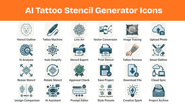 AI Tattoo Stencil Generator Monoline Outline Vector Icon Collection