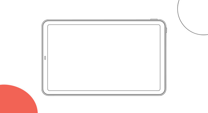 Blank tablet computer screen mockup shown in landscape orientation with simple line drawing and abstract shapes in the corners.