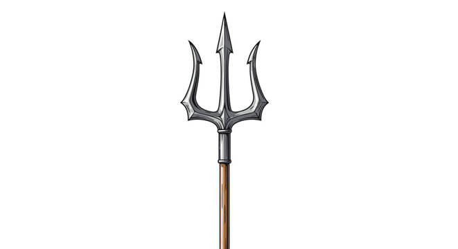 Classic mythological trident with a sharp metal fork head and a long wooden handle depicted in a detailed illustration against a white background.