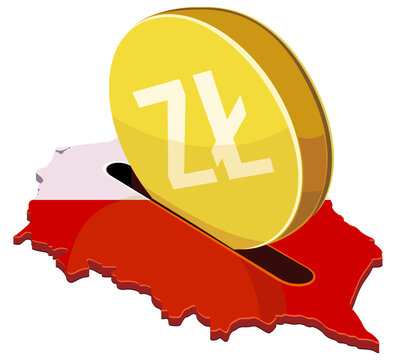 Vector artwork symbolizing financial investment, national budget, economic growth, and savings in Polish Zloty inside the country map, (cut out)