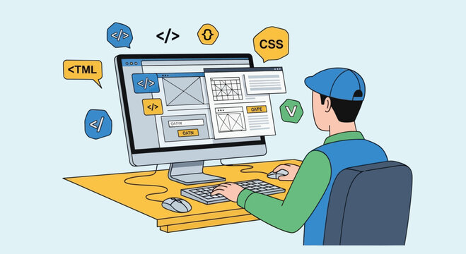Web Developer Designing Interface on Computer Screen