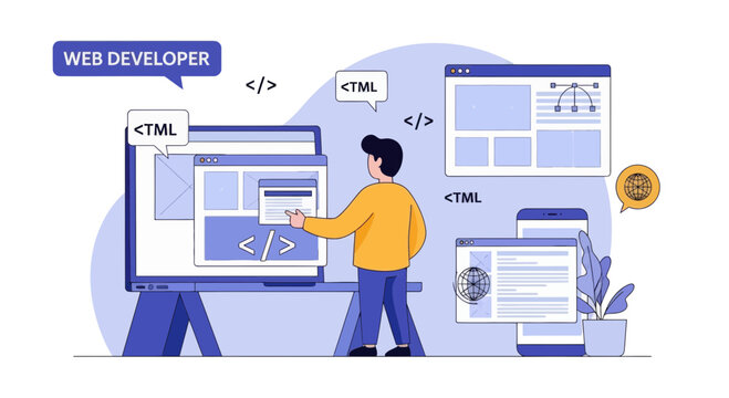 Web developer working on multiple screens with code elements