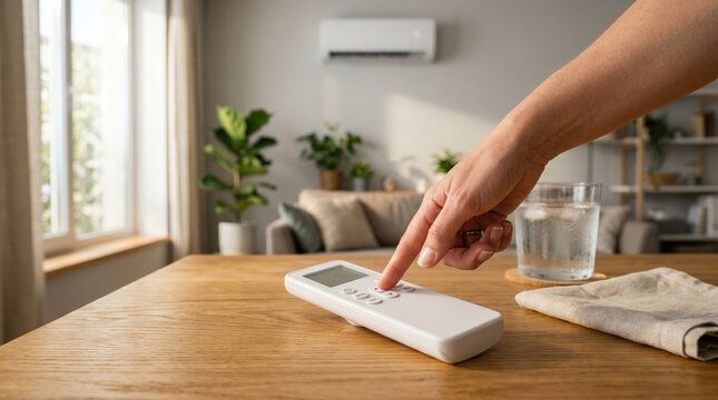 Hand Pressing Air Conditioner Remote on Table