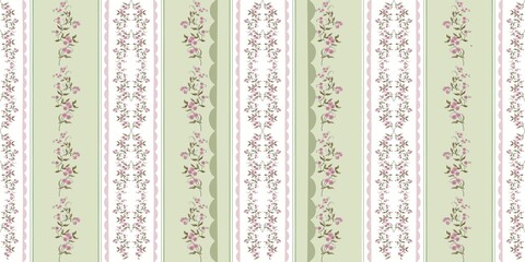 Charming cottagecore floral stripe seamless pattern. Vertical vintage botanical borders with tiny pink flowers on sage green and white background for romantic apparel fabric and nursery wallpaper. © Svitlana Kulibaba 