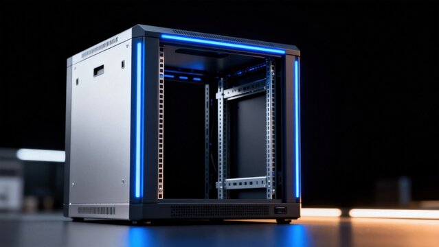 Open server rack with blue lights