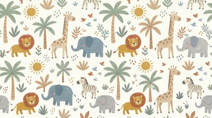 Obraz premium Charming illustrations of lions, giraffes, elephants, zebras, palm trees, sun, and birds