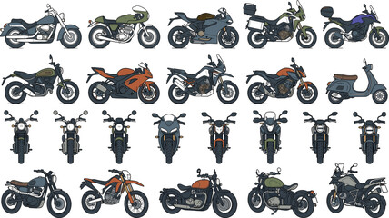 Fototapeta premium Motorcycle Variety Set Featuring Side Profile And Front View Designs For Automotive Retail And Transportation Infographics Vector Illustration