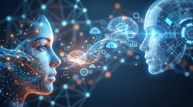 Abstract human and AI robot faces connecting via glowing neural networks, digital brains, and data streams representing machine learning, cloud computing, and future technology.