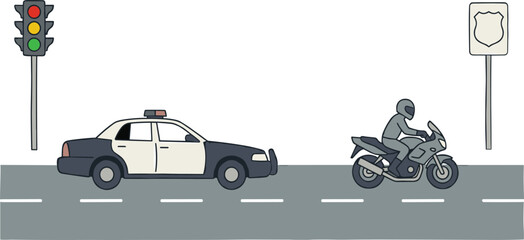 Traffic Enforcement Set Featuring Police Patrol Car Motorcycle Rider Roadway Signal And Badge Sign Post For City Highway Security Concepts Vector Illustration © Raihan1971