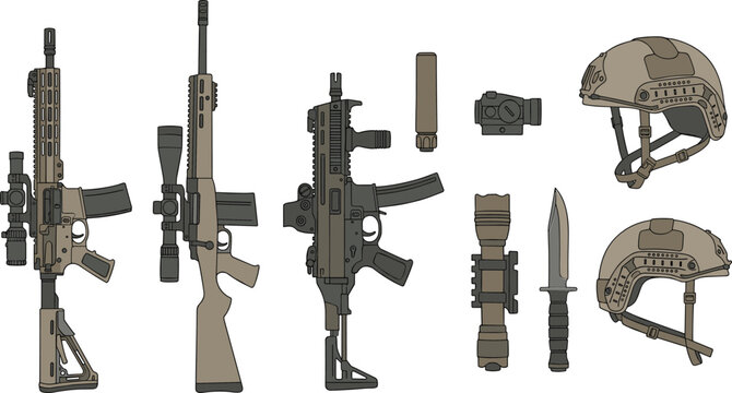Tactical Firearms And Accessories Element Set Featuring Assault Rifle Sniper Rifle Submachine Gun Ballistic Helmets Knife And Weapon Optics Vector Illustration
