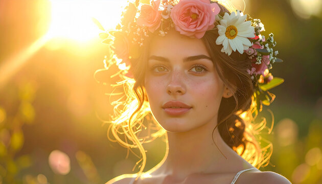 Woman with floral wreath portrait in cinematic sunlight outdoors