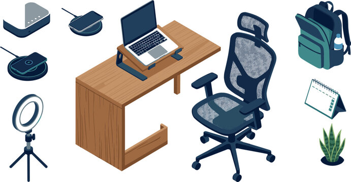 Isometric Home Office Workspace Vector Set with Laptop Wooden Desk Mesh Ergonomic Chair Ring Light Wireless Charger Backpack and Desk Calendar