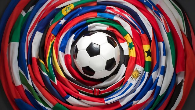 Colorful flags arranged in swirling pattern around soccer ball centerpiece