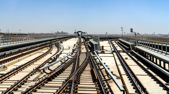 A view of the Riyadh Metro railway tracks and rail switches leading to a maintenance depot under a clear blue sky.