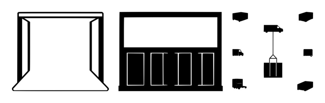 Loading dock icon set with solid black shapes featuring cargo, freight, warehouse with logistics and shipping