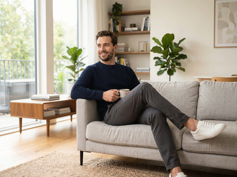 Smiling young man relaxing on sofa with coffee mug in bright living room