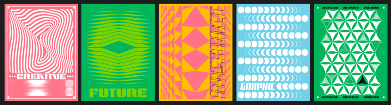 Abstract geometric brutalist y2k posters, color mosaic pattern. Vector realistic illustration of retro banners with distorted shapes, cyberpunk design graphics, futuristic 3d flyers, primitive arts