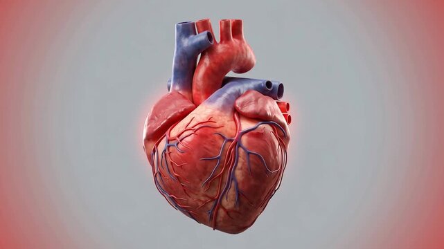 Human heart with prominent arteries and veins, anatomically accurate structure, on grey background with subtle gradient, medical education and healthcare concept, 4K video