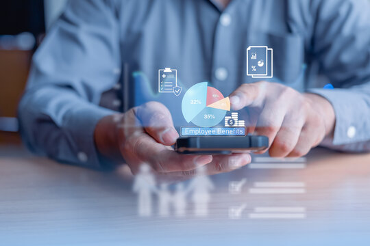 employees increase insurance employee benefits.Employee benefits and compensation analytics on mobile technology, showcasing insurance, welfare programs, workforce support, and revenue growth.
