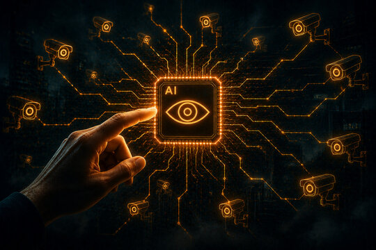 A finger interacting with a prominent eye icon inside a glowing square processor chip, sending circuit traces to surround floating camera lens and facial detection mesh outlines. 