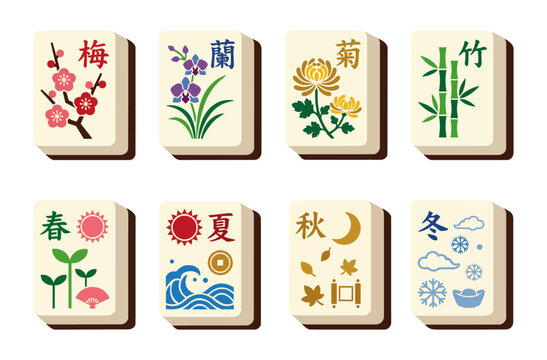 Japanese Mahjong Bonus Season Tiles Set Flat Vector Illustration