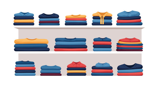 Neat rows of folded colorful sweaters and shirts organized on retail display shelves for a clothing store or walk in closet organization.
