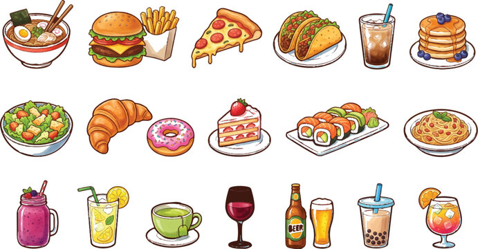 Collection of popular international fast food and drink icons with cocktail