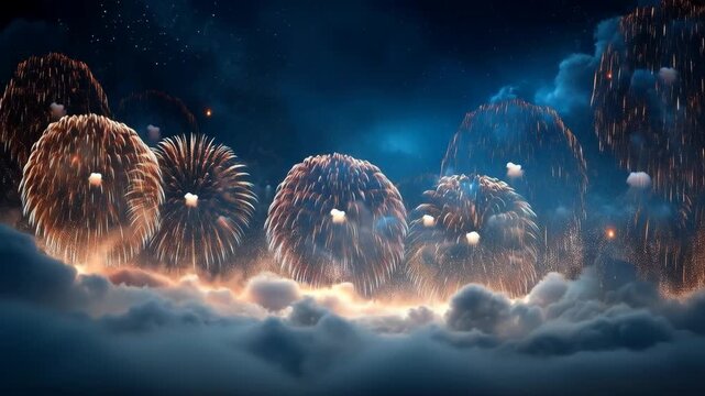 Cinematic slow motion of colorful fireworks exploding in the night sky above dramatic clouds. Festive abstract concept for New Year Eve, 4th of July celebration, or grand event background.
