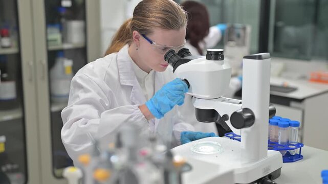 Scientist observes samples using a microscope in a laboratory setting in broad daylight