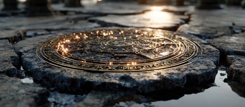An ornate gold disc inlaid on cracked stone, with pillars in the background