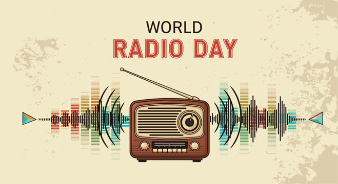 Vintage style illustration for world radio day featuring an old brown transistor radio with colorful sound waves.