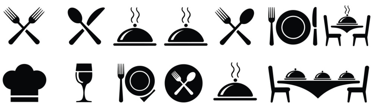 Restaurant catering icon collection featuring cutlery, plate, cloche, tray, chef hat, beverage, and waiter symbols for food service, dining, hospitality, and restaurant branding design, vector, design
