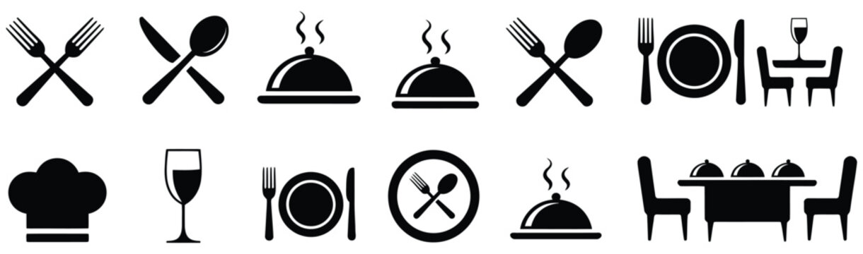 Restaurant catering icon collection with food service elements including utensils, serving tray, chef hat, cloche, and beverage icons for dining experience, hospitality industry, and menu design,