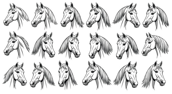 Detailed black and white sketches of eighteen horse heads showing different breeds and various facial expressions.