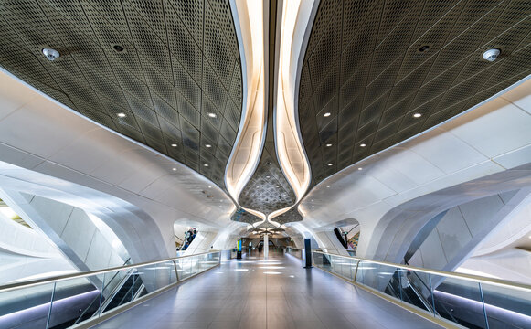Riyadh, Saudi Arabia - February 19, 2026: Futuristic interior architecture and pedestrian bridge of the King Abdullah Financial District (KAFD) Metro Station