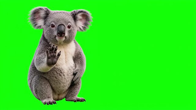 Realistic 3D koala Character Showing Stop Hand Gesture and Shaking Head, Isolated on Chroma Key Green Screen Background, Concept, Refusal, Rejection, Disagreement, Do Not Enter, Negative, Isolat