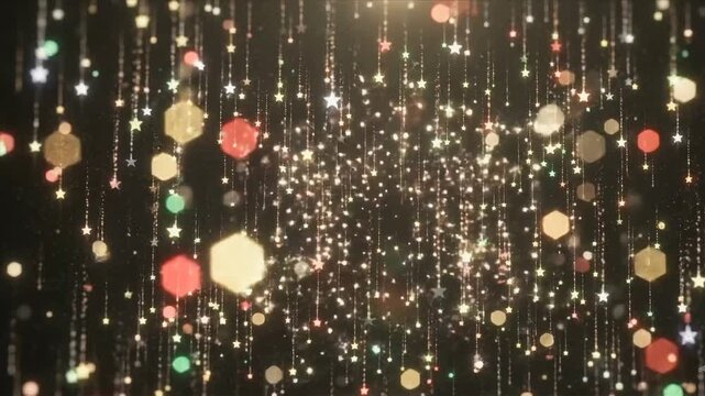Falling glowing stars and colorful bokeh lights on dark background