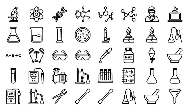Modern Chemistry Line Icons Set with Chemical Compounds Laboratory Equipment and Scientific Symbols Vector Collection