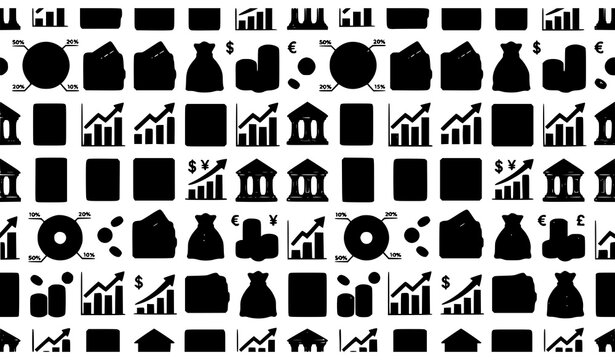 Business Finance Seamless Pattern with Pie Charts Wallets Money Bags and Growth Symbols Vector