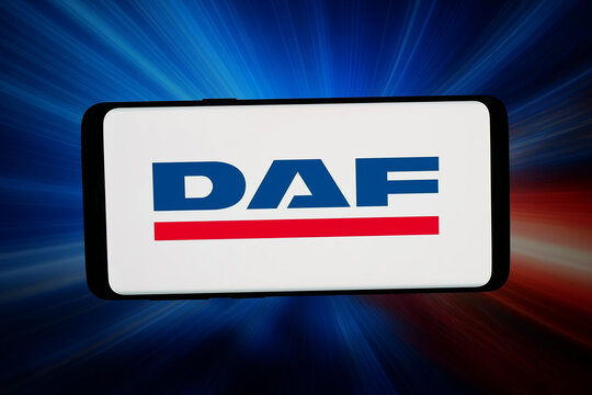 Stuttgart, Germany - 05-20-2026: In this photo illustration, the logo of Dutch automotive company DAF Trucks N.V. is displayed on a smartphone in front of abstract background on computer screen.