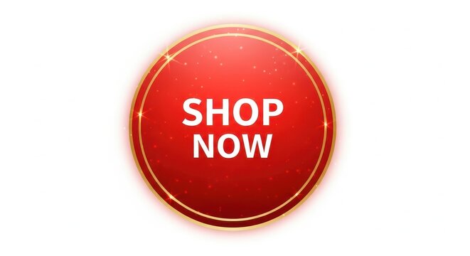 Red circular shop now button with gold border and text