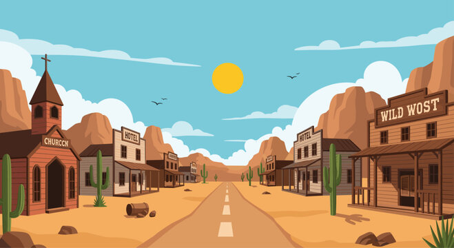 Classic wild west town landscape in pixel art style featuring wooden buildings, a church, hotel, desert road, and cacti under a bright sun.