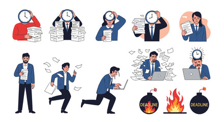 Fototapeta premium Set of diverse characters struggling with time management, deadlines, and stress in professional environments, featuring clocks and paperwork.