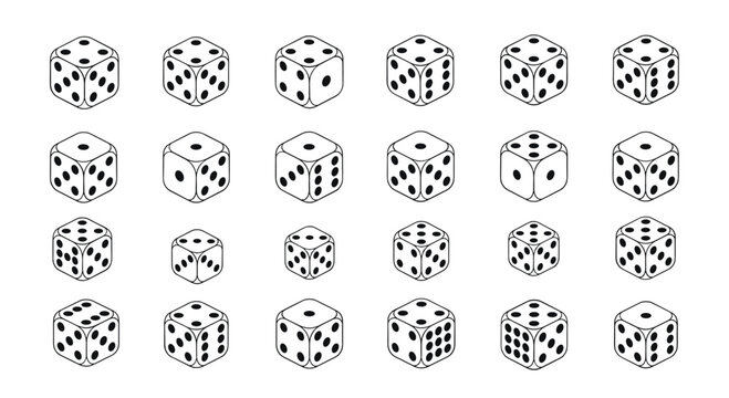Variety of white dice showing different numerical faces in an isometric view, perfect for gaming, luck, and probability themed projects.