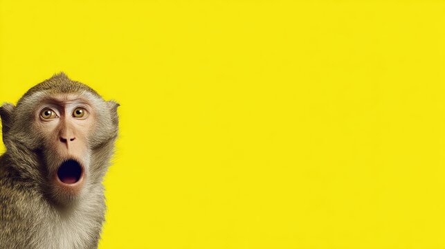 Surprised monkey portrait against bright yellow backdrop with copy space