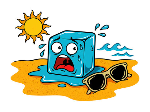 Melting blue ice cube character with sunglasses on sandy beach under hot sun with waves in background, summer heat concept.