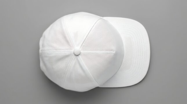 Top view of plain white snapback baseball cap isolated on grey background for branding mockup apparel design fashion layout