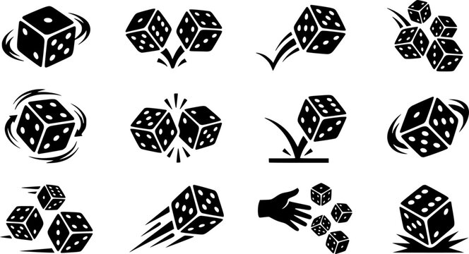 Dice silhouette icon set, flat black glyph style, pure white background
